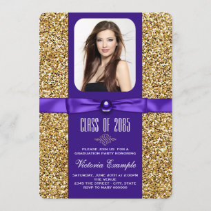 Lila och guld glitter examensannonser inbjudningar