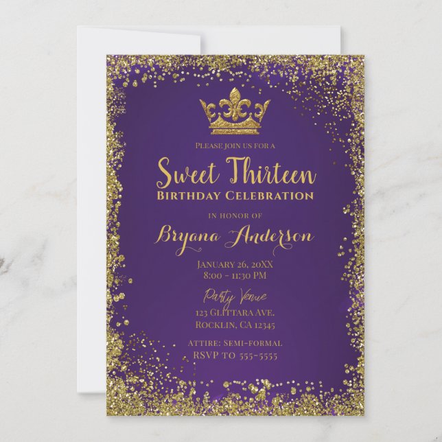 Lila och Guld Glitter Krona, Sverige 13 Party Inbjudningar (Framsida)