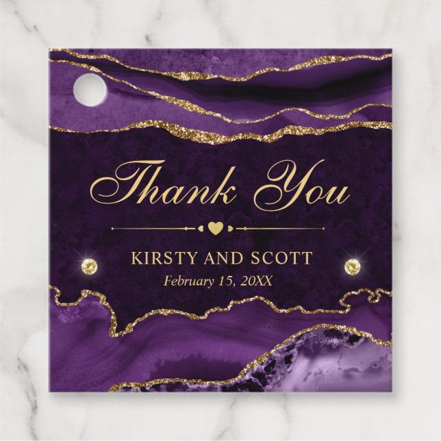 Lila och Guld Glitter Marble Agate Bröllop Gåvor Etiketter (Framsida)