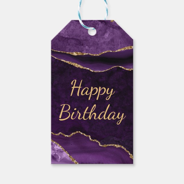 Lila och Guld Glitter Marble Agate Grattis på föde Presentetikett (Framsidan)