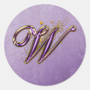 Lila och Guld Glitter Monogram W Sticker Runt Klistermärke