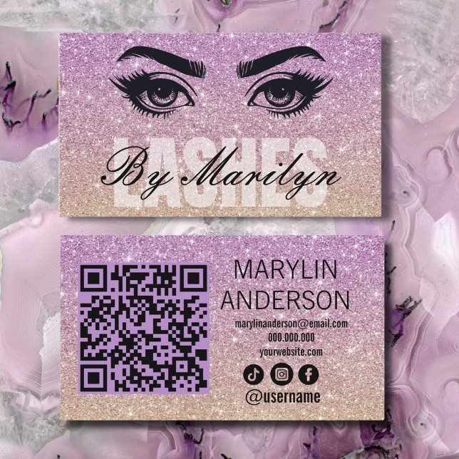Lila och Guld Glitter Ombre Lash Tech QR Code Visitkort (Skapare uppladdad)