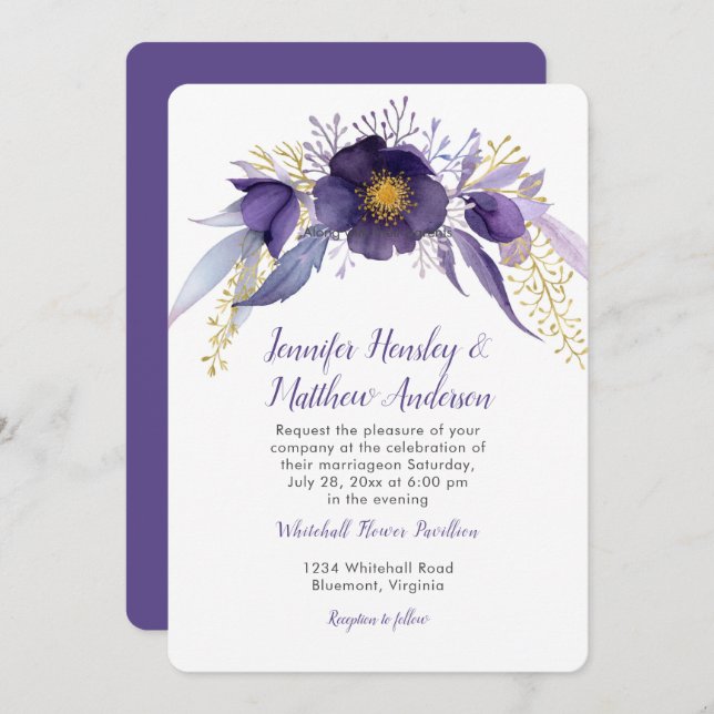 Lila och Guld Hellebore Watercolor Blommigt Inbjudningar (Fram/baksida)