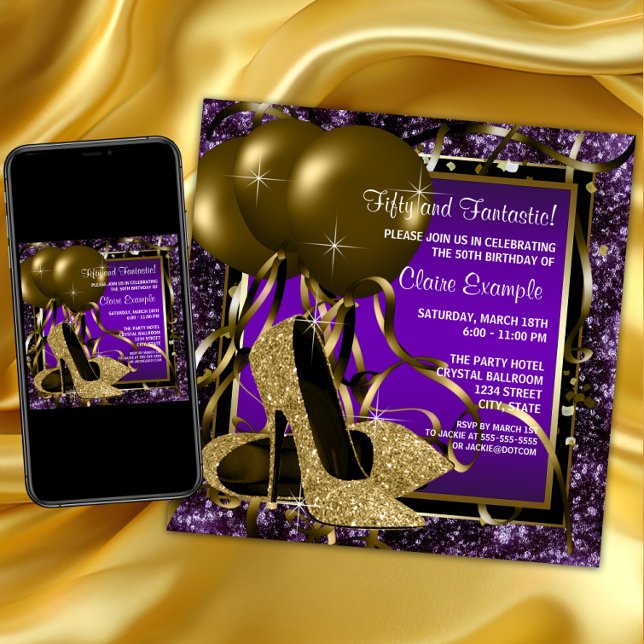 Lila och Guld Högklackar Dam födelsedagsfest Inbjudningar (Womans purple gold high heel shoe birthday party invitation. Purple and gold any number birthday.)