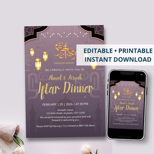 Lila och guld islamiska lyktor Iftar-inbjudan Inbjudningar (Skapare uppladdad)