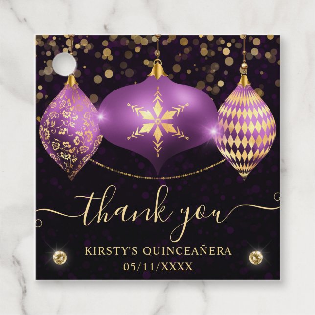 Lila och Guld Jul Baubles Quinceanera Gåvor Etiketter (Framsida)