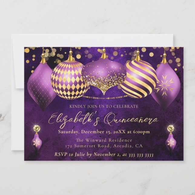 Lila och Guld Jul Baubles Quinceanera Inbjudningar (Framsida)