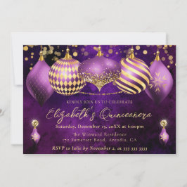 Lila och Guld Jul Baubles Quinceanera Inbjudningar
