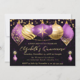 Lila och Guld Jul Baubles Quinceanera Inbjudningar