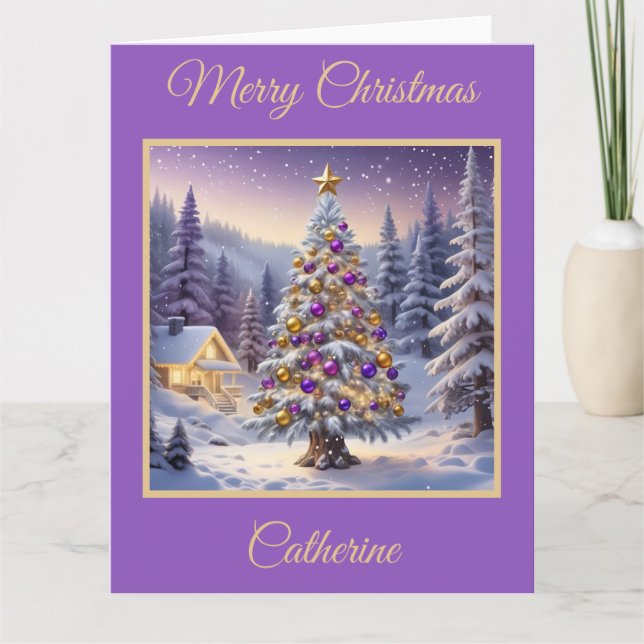 Lila och Guld Julgran i en vinterskog Kort (Framsida)