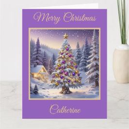 Lila och Guld Julgran i en vinterskog Kort