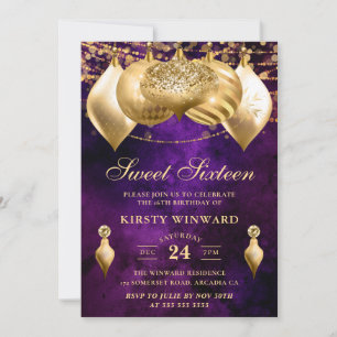 Lila och guld julgranskulor Sweet Sixteen Inbjudningar