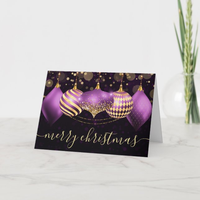 Lila och guld julgransprydnader ornament jul helgkort (Framsida)