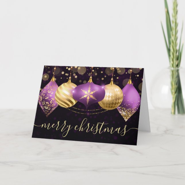 Lila och guld julgransprydnader ornaments helgkort (Framsida)