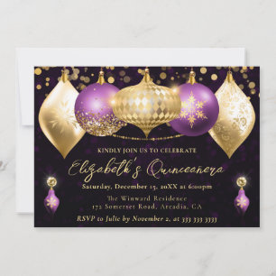 Lila och guld Julkulor Quinceanera Inbjudningar