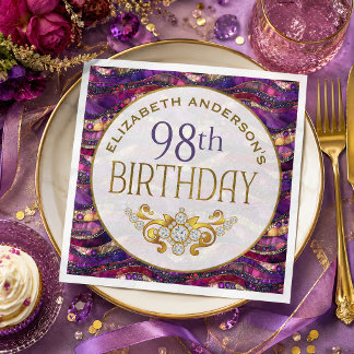 Lila och guld juvelbesatt strata 98-årsdag pappersservett
