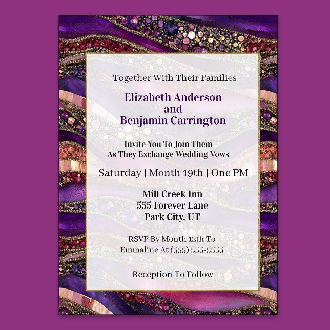 Lila och guld juvelbesatt strata bröllop inbjudningar (Purple and Gold Jeweled Strata  Wedding Invitation)