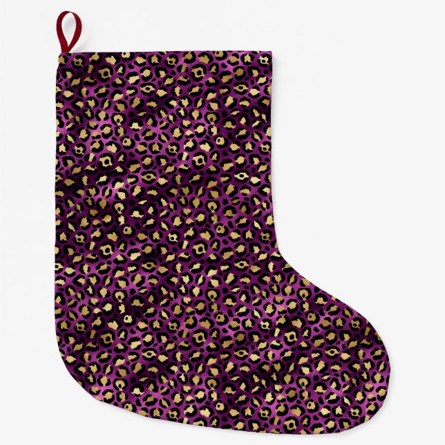 Lila och guld Leopard Serie Design 1 Stor Julstrumpa (Framsidan)