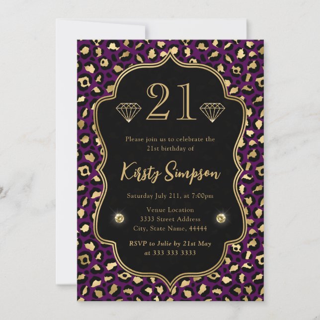 Lila och guld leopardfläckar 21-årsdag inbjudningar (Framsida)