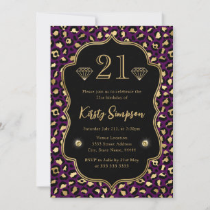 Lila och guld leopardfläckar 21-årsdag inbjudningar