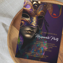 Lila och guld maskeradfest med livlig mask inbjudningar