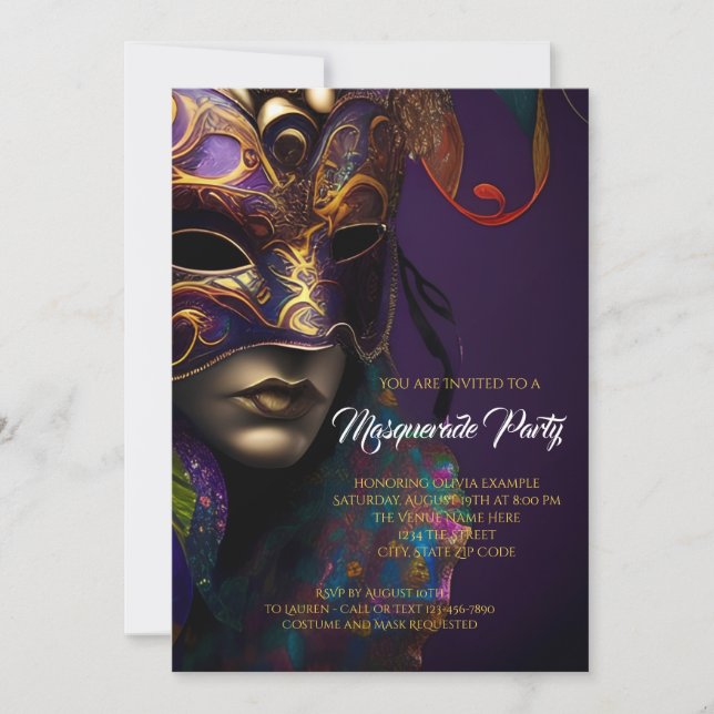 Lila och Guld MasqueraParty med Vibrant Mask Inbjudningar (Framsida)