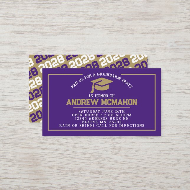 Lila och Guld Mini Studenten Inbjudan (Purple, White & Bronze Gold Mini Graduation Invites for Friends, Team Mates or as Inserts!)