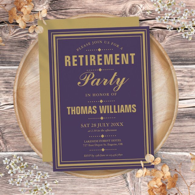 Lila och guld Modern elegant pensionsfest Inbjudningar (Purple And Gold Modern Elegant Retirement Party Invitation)