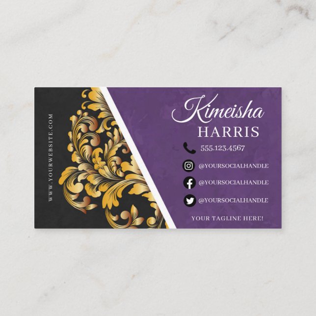 Lila och Guld Modern Hair Braiding Salon Busine Visitkort (Baksida)