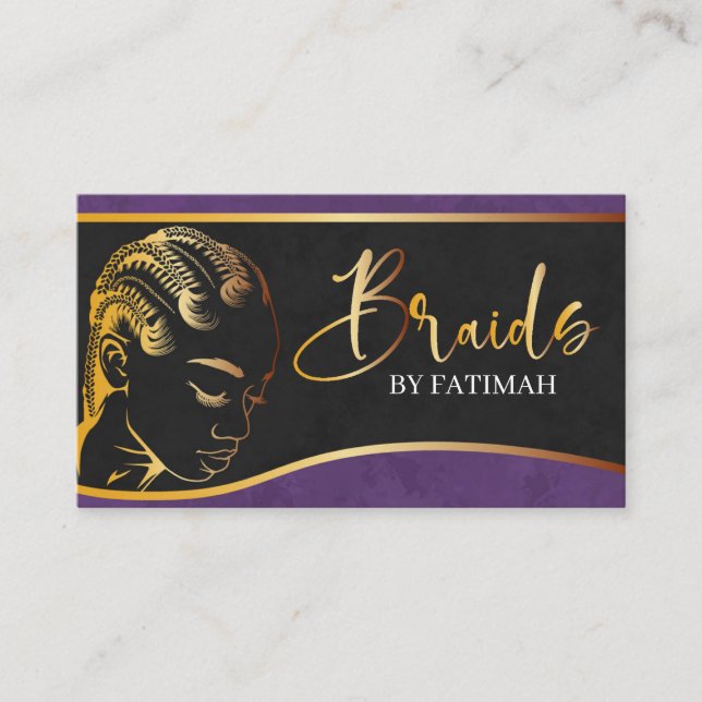 Lila och Guld Modern Hair Braiding Salon Visitkort (Framsida)