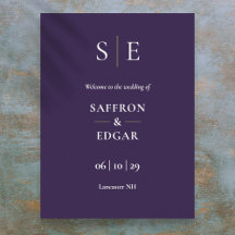 Lila och guld monogram välkomstskylt för bröllop