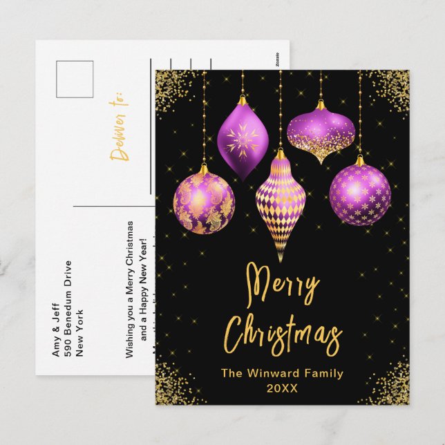 Lila och Guld Ornament Glad Jul Helg Vykort (Fram/baksida)
