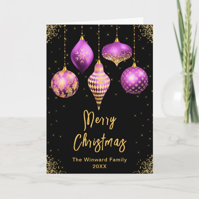 Lila och Guld Ornament Glädjejul Helgkort (Framsida)