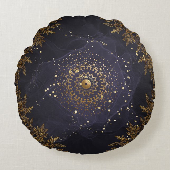 Lila och Guld Ornate blomstrande blommigt Rund Kudde (Framsidan)