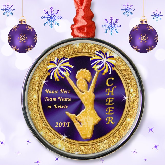 Lila och Guld Personlig Cheer-julklappar Julgransprydnad Metall (Cheerleader Christmas Tree Ornaments. Awesome, Personalized Senior Cheer Gifts. Cheerleader gifts.)