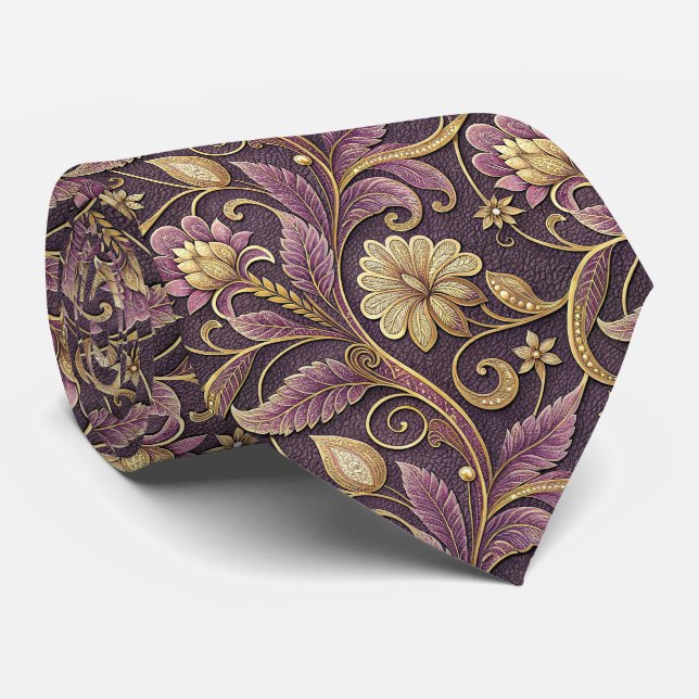 Lila och guld präglade blommönster slips (Rullad)