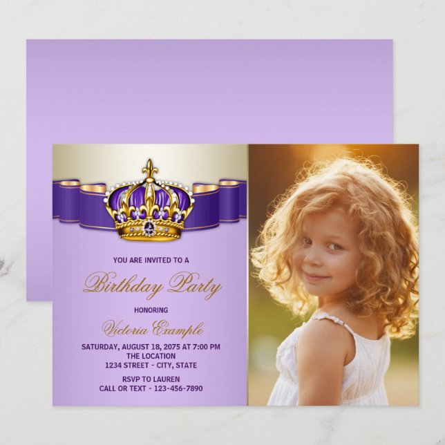 Lila och guld prinsess födelsedagsfest inbjudningar (Fram/baksida)