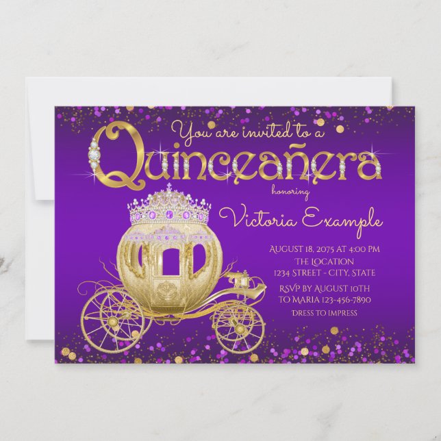 Lila och guld prinsessa Quinceanera Inbjudningar (Framsida)