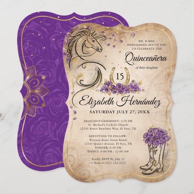 Lila och Guld Quinceañera Rustic Horse Birthday Inbjudningar (Fram/baksida)
