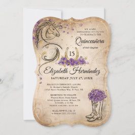 Lila och Guld Quinceañera Rustic Horse Birthday Inbjudningar