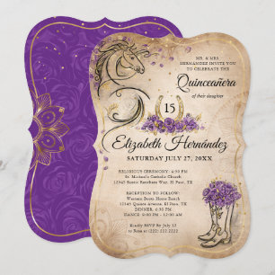 Lila och Guld Quinceañera Rustic Horse Birthday Inbjudningar