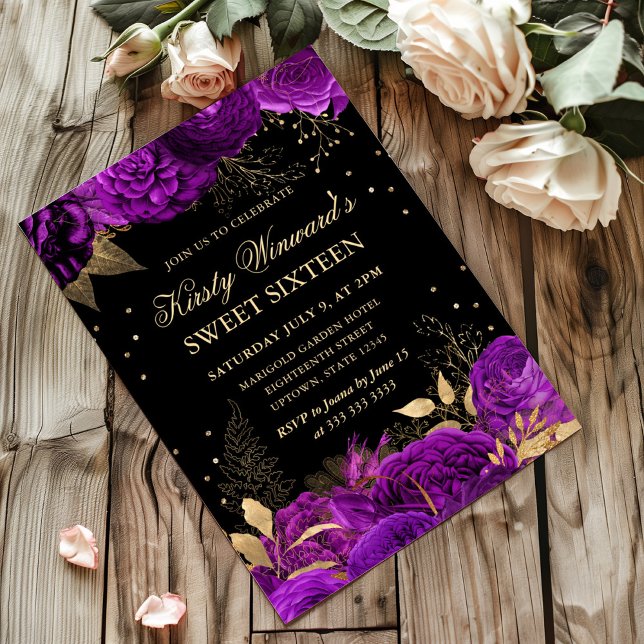 Lila och Guld Ro Gräns Blommigt Sweet sixteen Inbjudningar (Skapare uppladdad)
