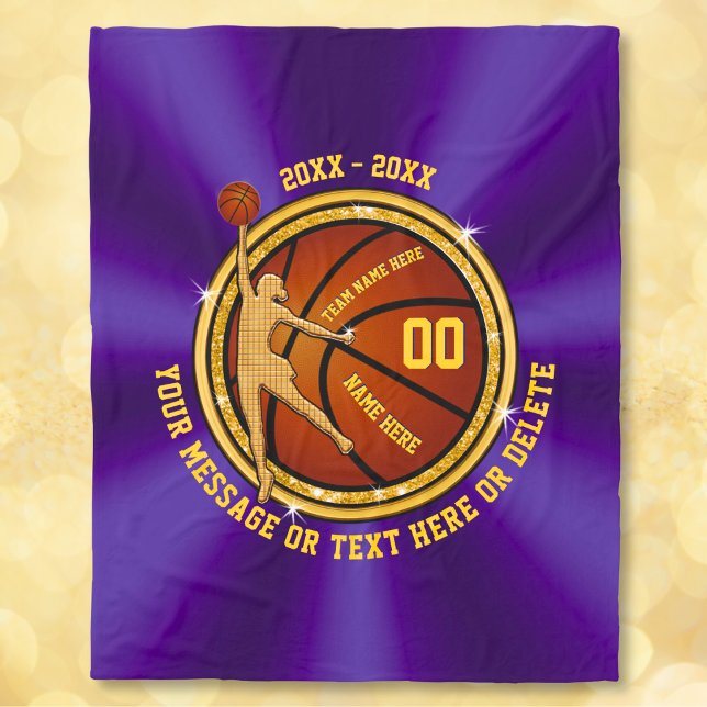 Lila och Guld Senior Gift Ideas for Basketball Fleecefilt (Personalized Basketball Blankets. Purple and Gold,  Christmas Gifts for Basketball Players. Blanket.)