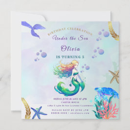 Lila och Guld Sjöjungfru Födelsedag under havet Inbjudningar
