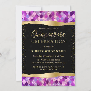 Lila och Guld Sjömansfjäll Quinceanera Inbjudningar