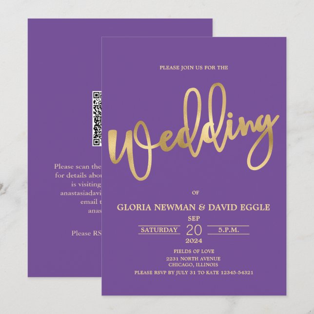 Lila och Guld Skriptur QR-kod Bröllop Inbjudningar (Fram/baksida)