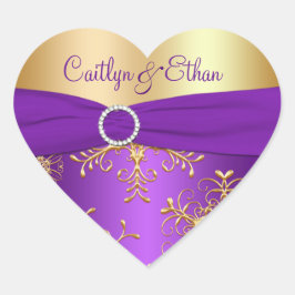 Lila och Guld Snöflingor Bröllop Sticker Hjärtformat Klistermärke