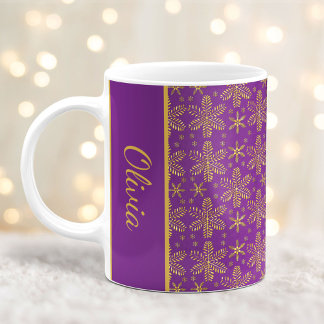 Lila och Guld Snöflingor Mugg jul med Namn