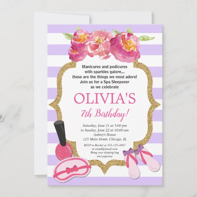 Lila och guld Spa Sleepover Födelsedagsfest Inbjudningar (Framsida)