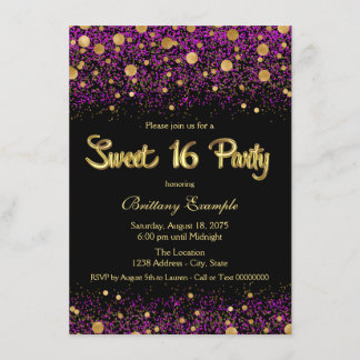 Lila och guld Sweet Sixteen-fest Inbjudningar